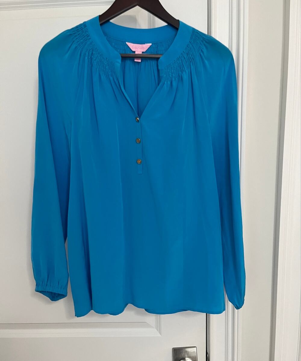 Lilly Pulitzer Elsa 100% Silk Blouse Top Sz. S Blue dopamine